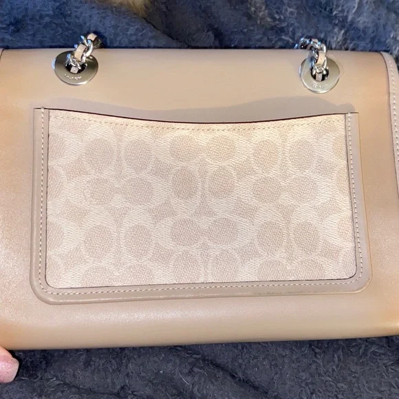 Coach Parker Tea Rose Turnlock Shoulder Bag Tan Leather Silver Chain - Picture 3 of 8